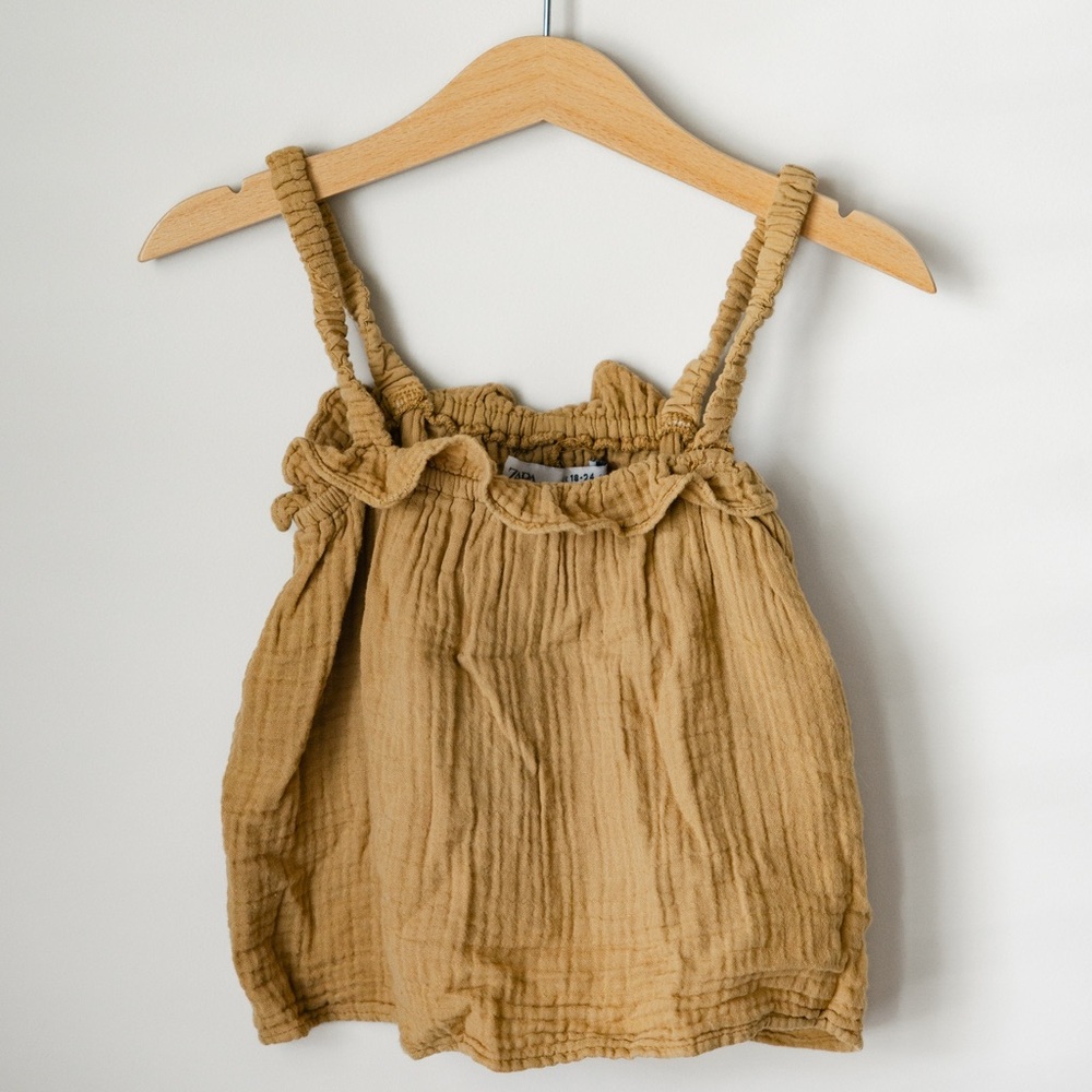 ZARA Baby Girls Tan Textured Cotton Ruffle Top (18–24M)